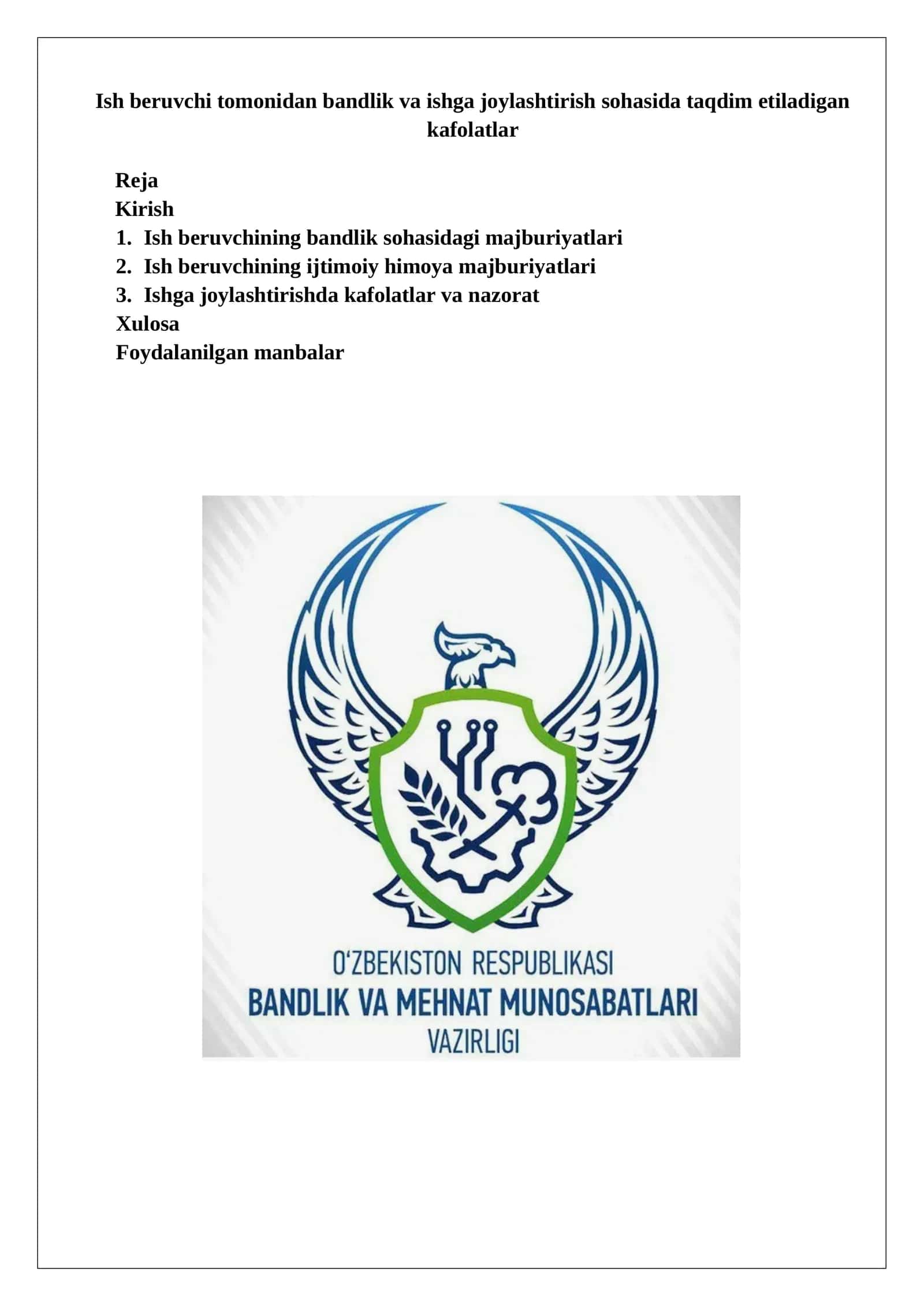 Ish beruvchi tomonidan bandlik va ishga joylashtirish sohasida taqdim etiladigan kafolatlar 1