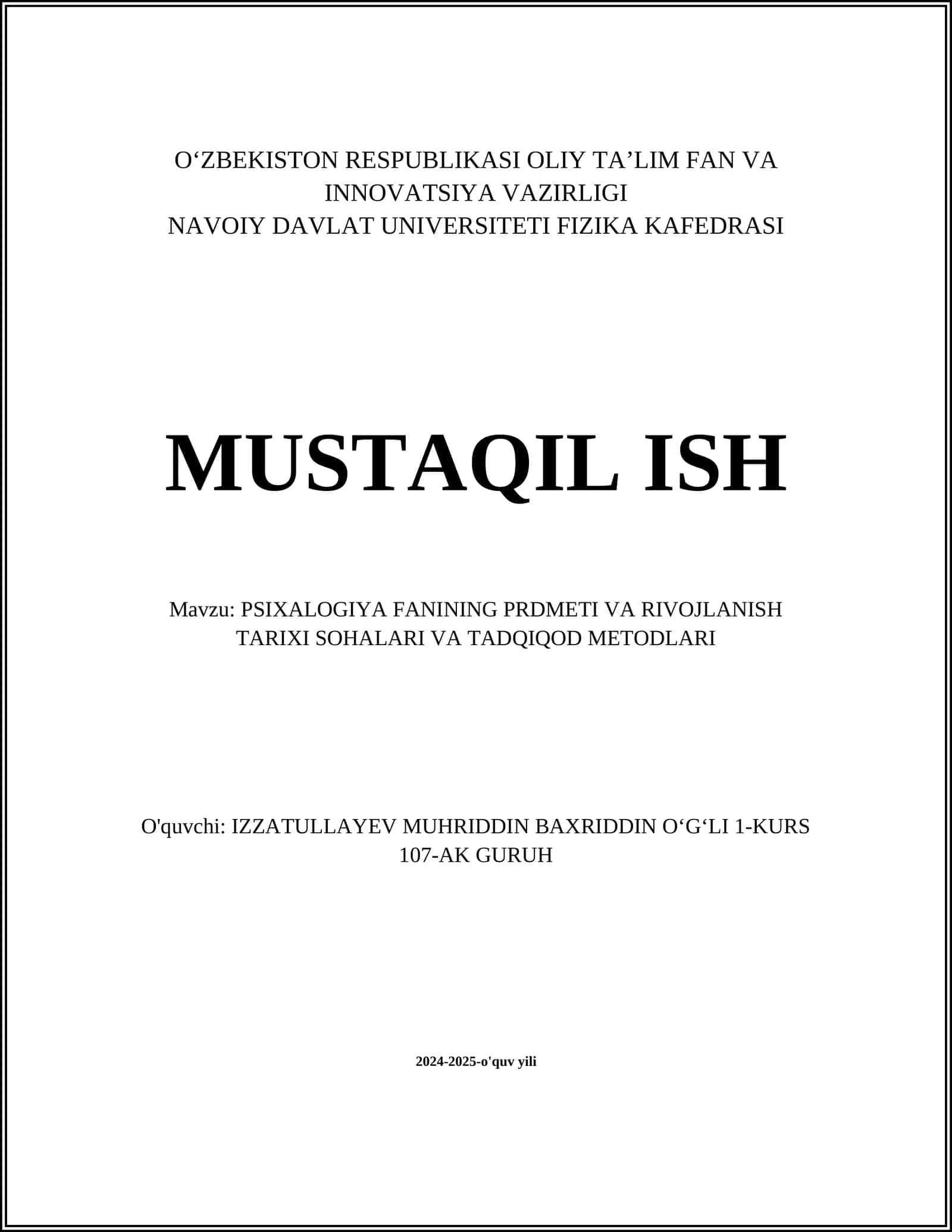 PSIXALOGIYA FANINING PRDMETI VA RIVOJLANISH TARIXI SOHALARI VA TADQIQOD METODLARI 1