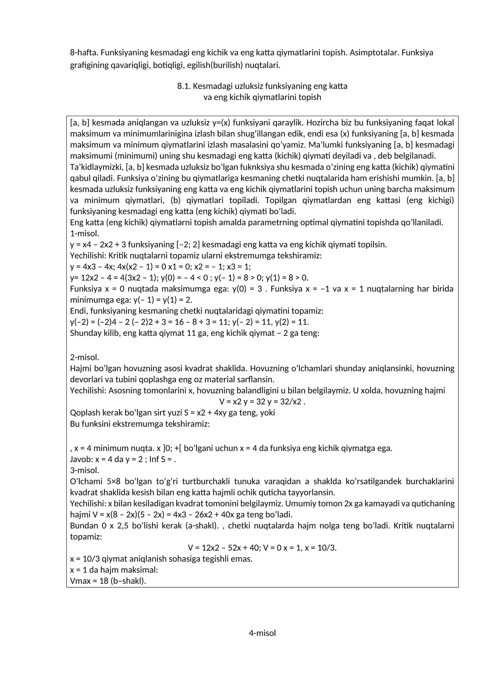 Kesmadagi uzluksiz funksiyaning eng katta va eng kichik qiymatlarini topish 1