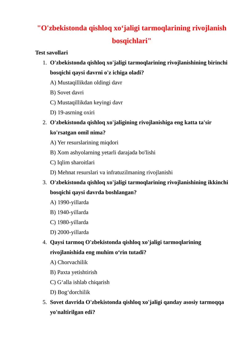 O'zbekistonda qishloq xo‘jaligi tarmoqlarining rivojlanish bosqichlari 1