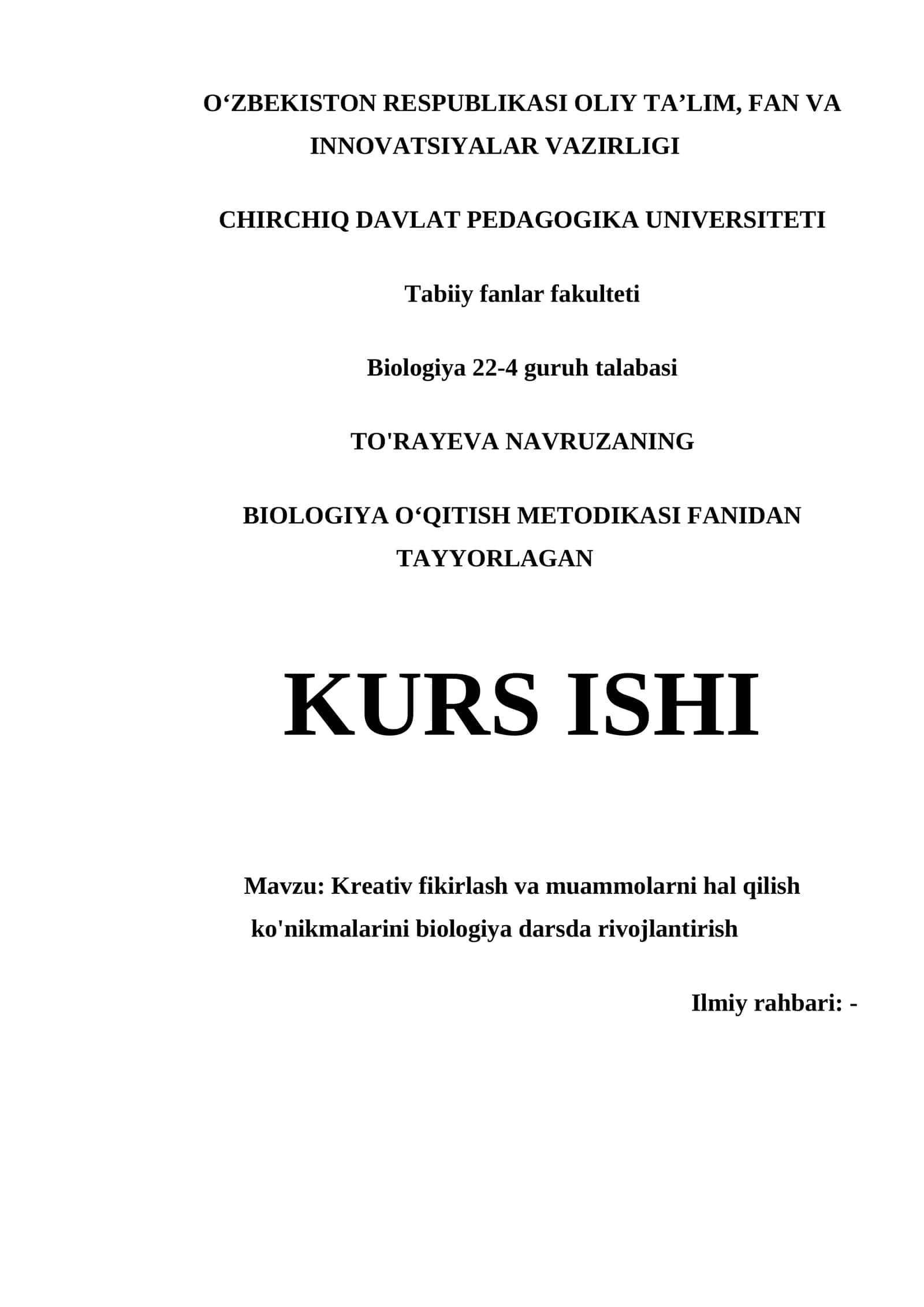 BIOLOGIYA OʻQITISH METODIKASI KURS ISHI 1