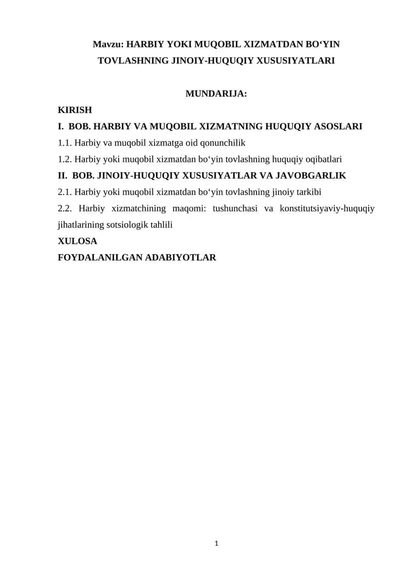 HARBIY YOKI MUQOBIL XIZMATDAN BO‘YIN TOVLASHNING JINOIY-HUQUQIY XUSUSIYATLARI 1