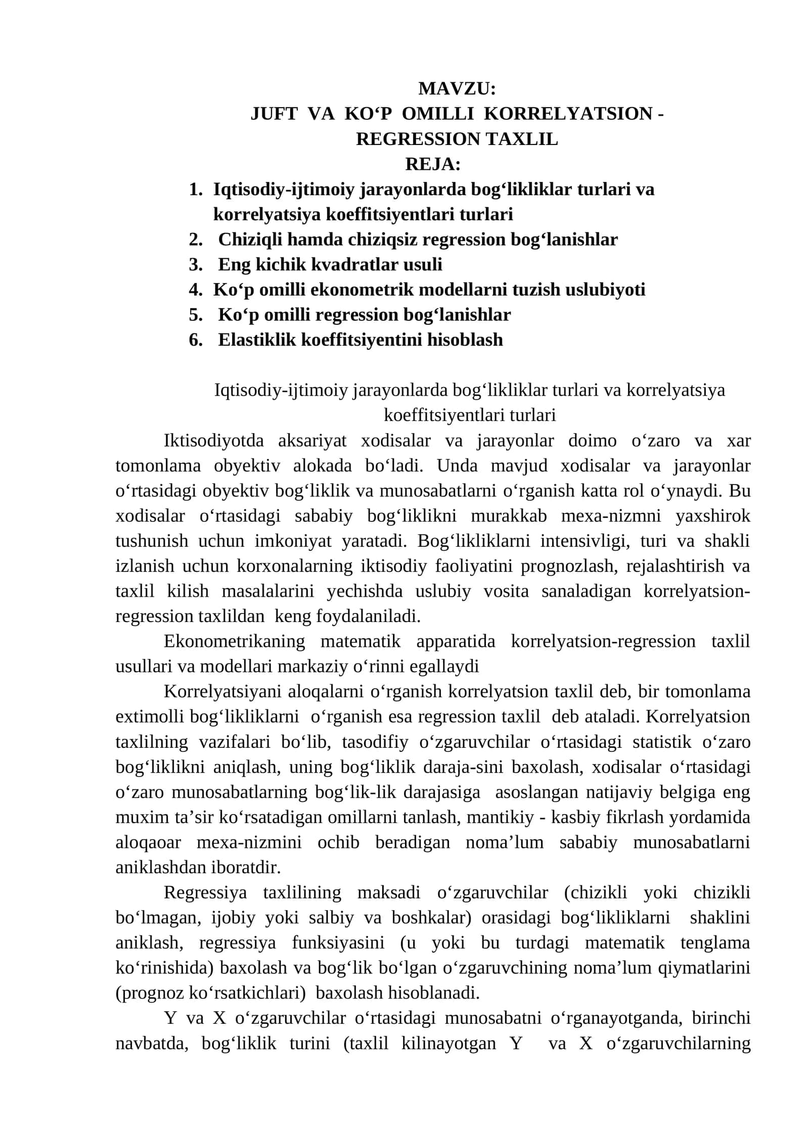 Juft va Ko‘p Omilli Korrelyatsion - Regression Taxlil 1