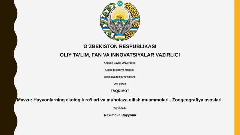 Hayvonlarning ekologik roʻllari va muhofaza qilish muammolari. Zoogeografiya asoslari 1