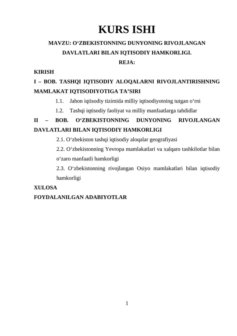 O‘ZBEKISTONNING DUNYONING RIVOJLANGAN DAVLATLARI BILAN IQTISODIY HAMKORLIGI 1