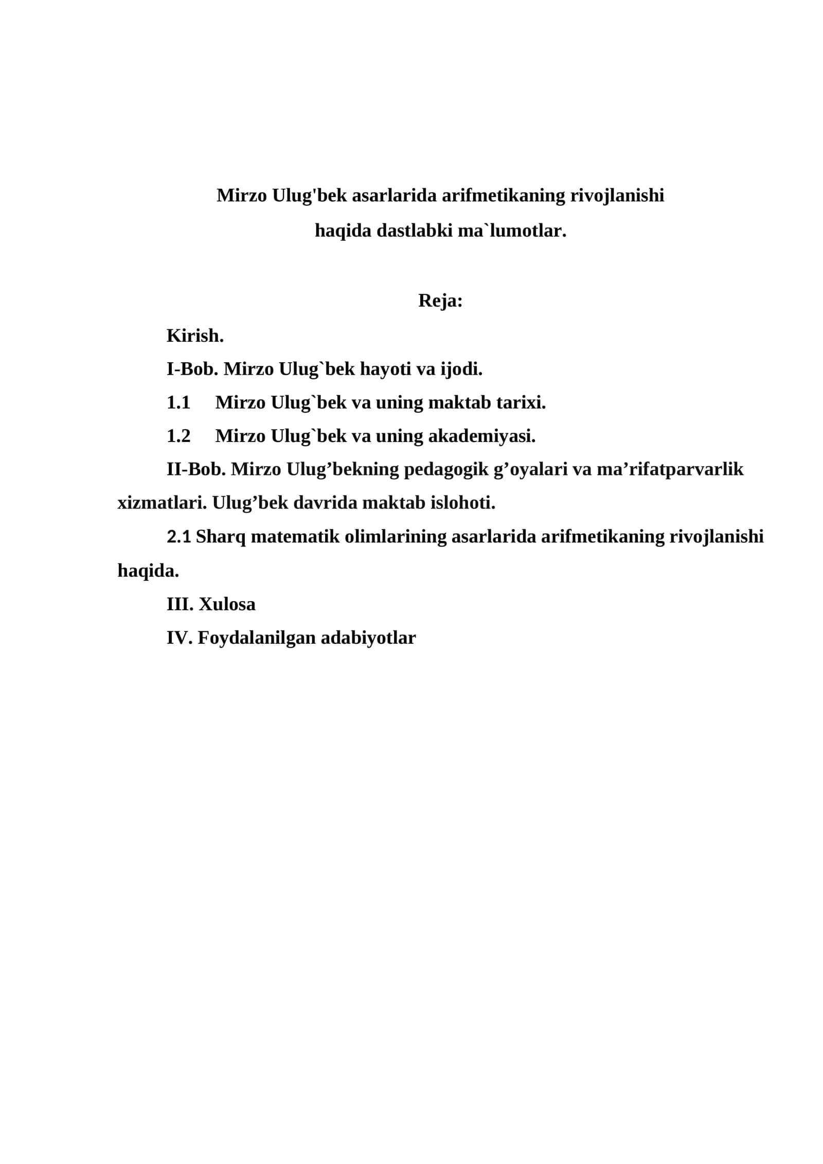 Mirzo Ulug'bek asarlarida arifmetikaning rivojlanishi haqida 1