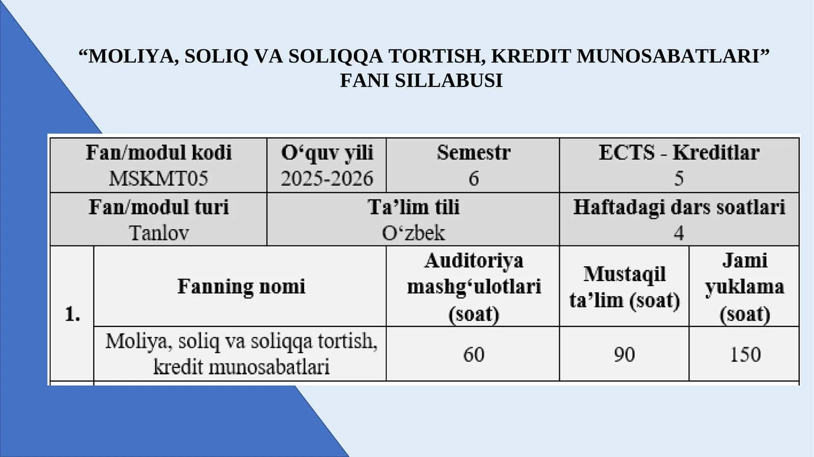 “Moliya, Soliq va Soliqqa Tortish, Kredit Munosabatlari”Fani Sillabusi 1