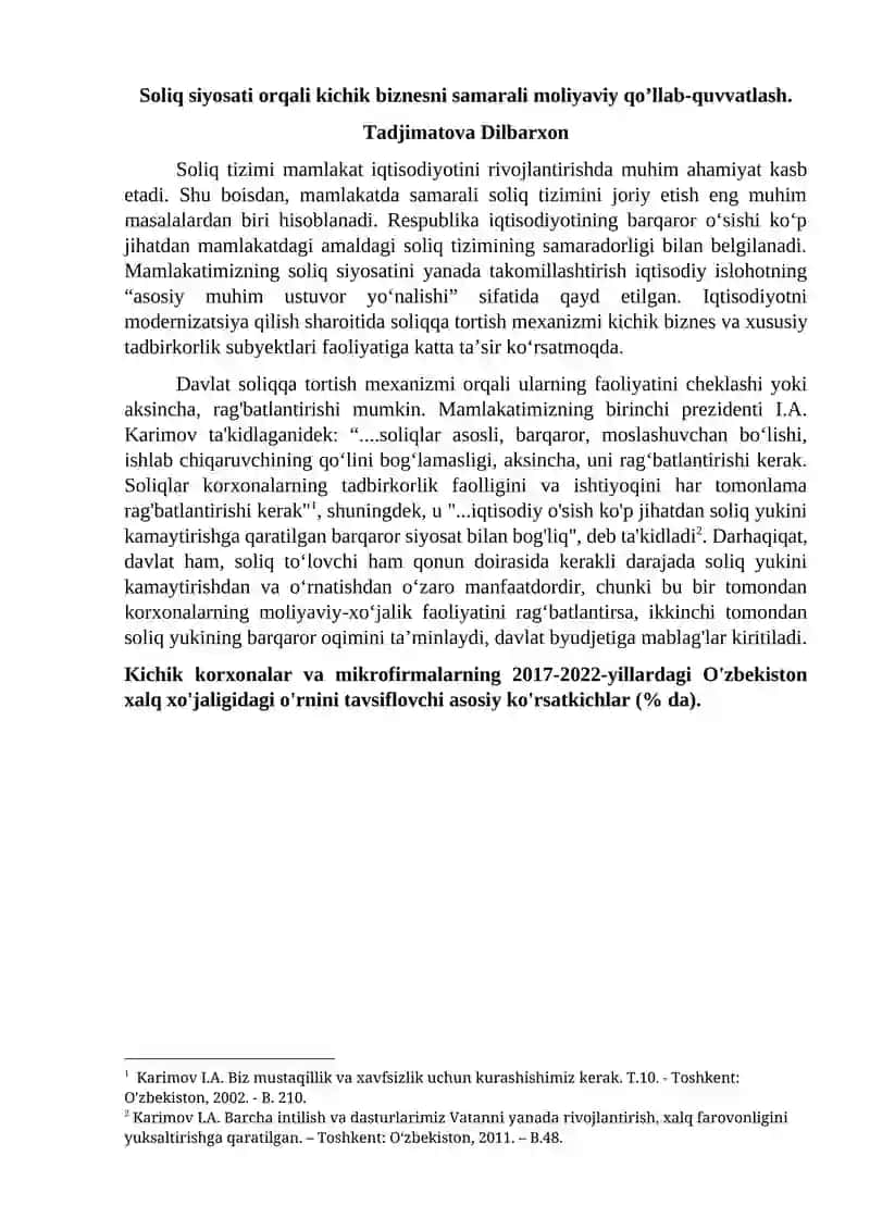 Soliq siyosati orqali kichik biznesni samarali moliyaviy qo’llab-quvvatlash