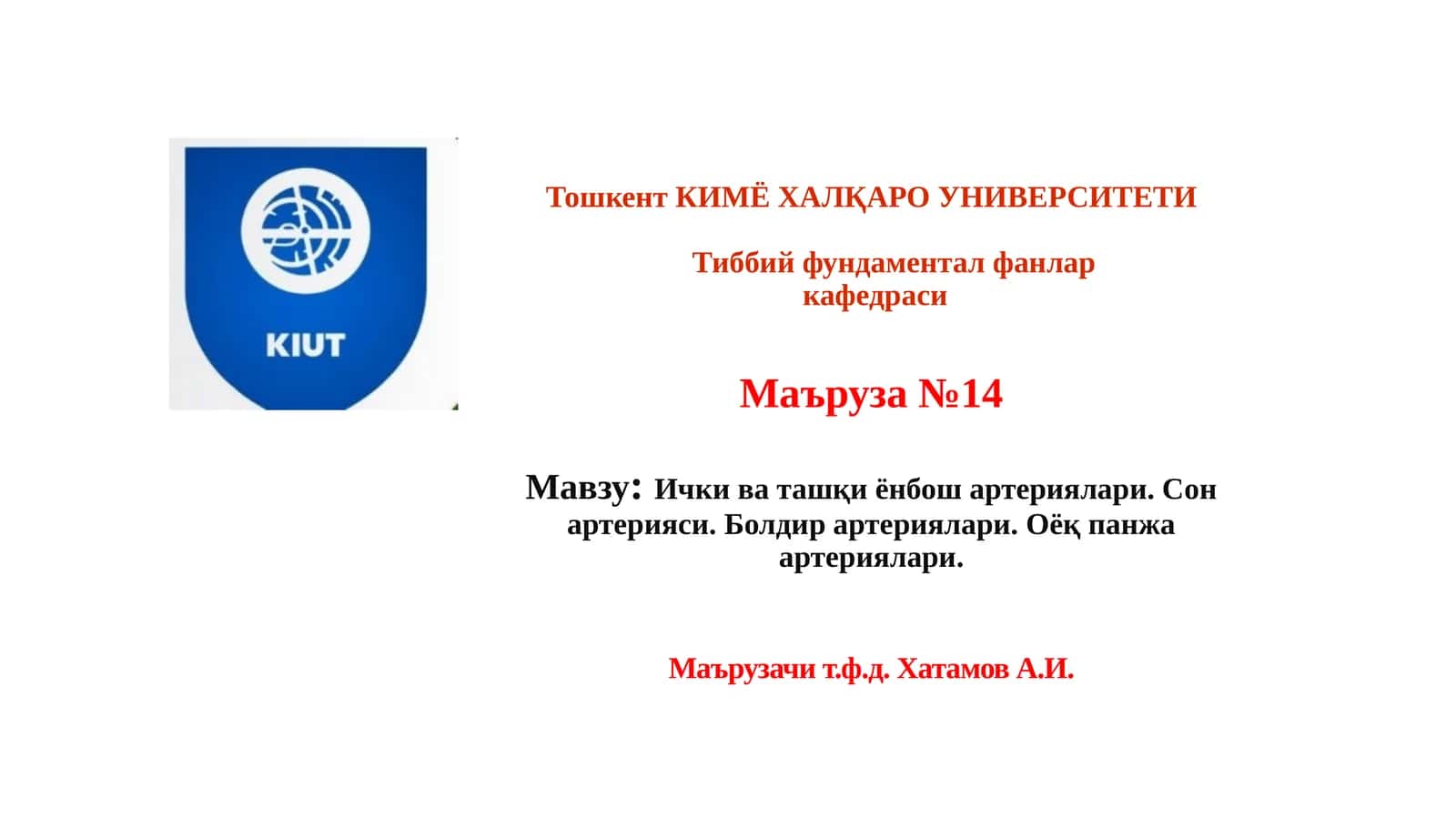 Ички ва ташқи ёнбош артериялари. Сон артерияси. Болдир артериялари. Оёқ панжа артериялари 1