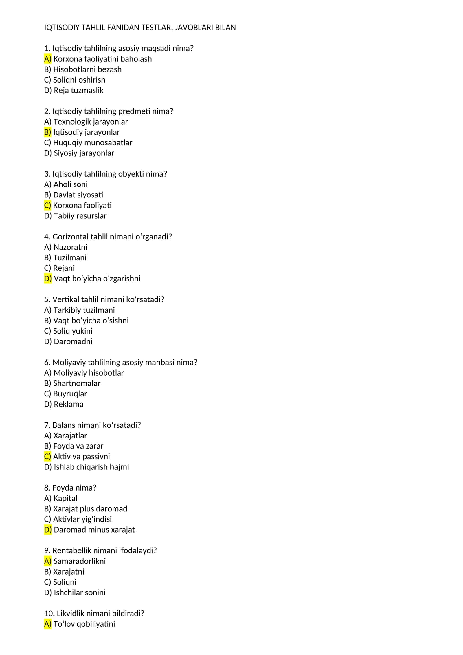 IQTISODIY TAHLIL FANIDAN TESTLAR 1