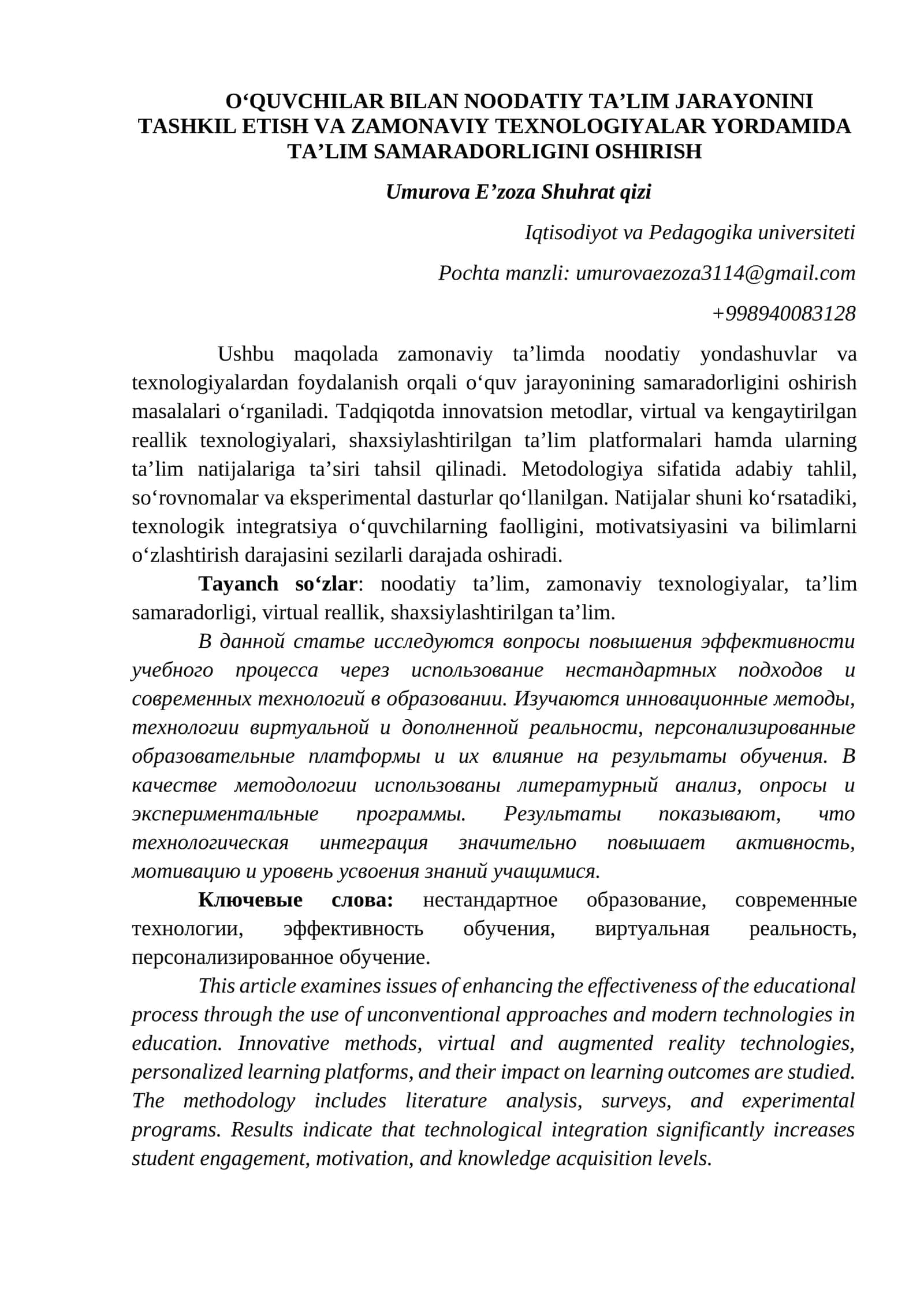 Zamonaviy taʼlimda Noodatiy Yondashuvlar va Texnologiyalar 1