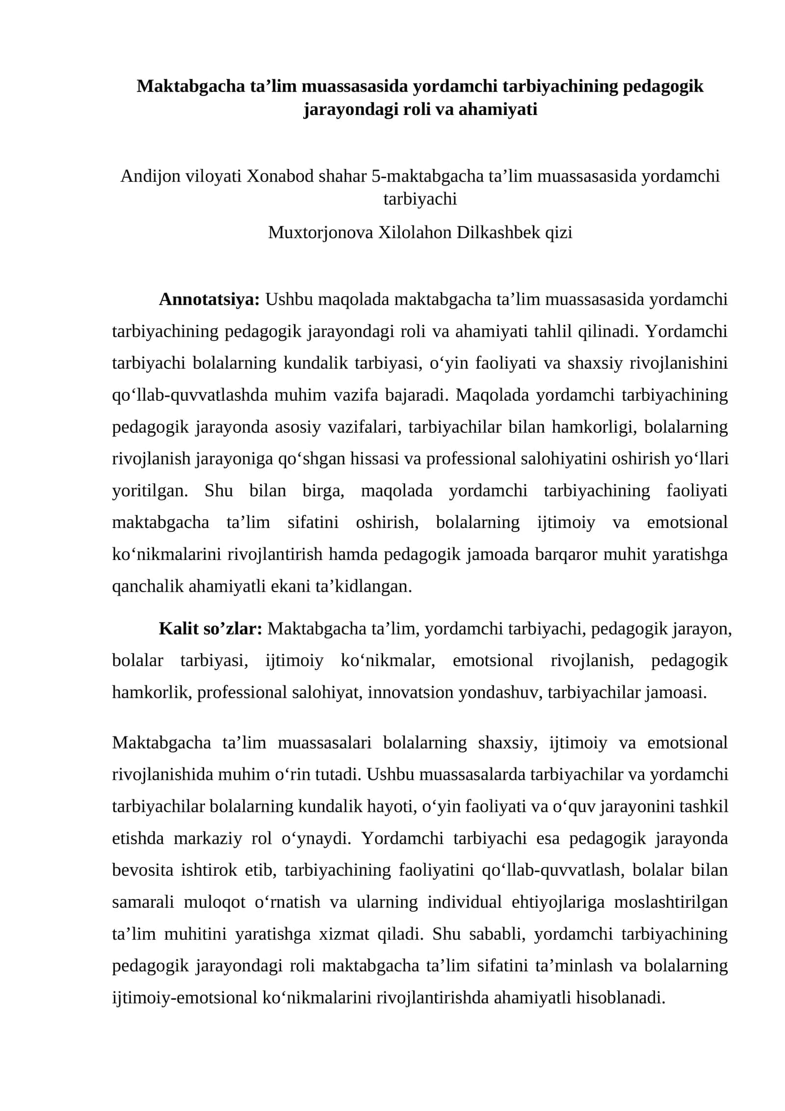 Maktabgacha ta’lim muassasasida yordamchi tarbiyachining pedagogik jarayondagi roli va ahamiyati 1