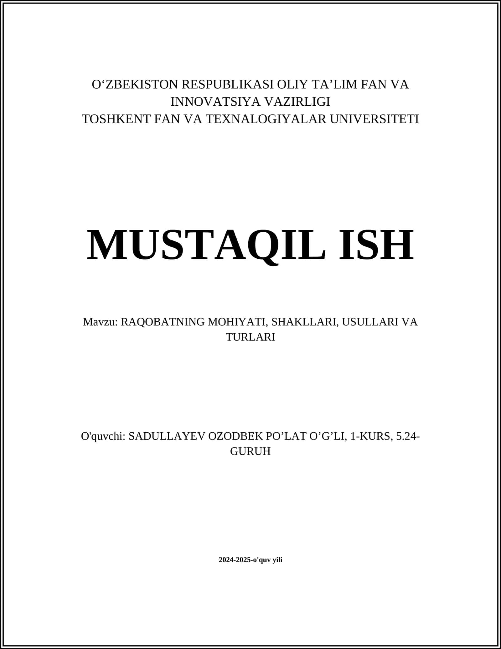 RAQOBATNING MOHIYATI, SHAKLLARI, USULLARI VA TURLARI 1