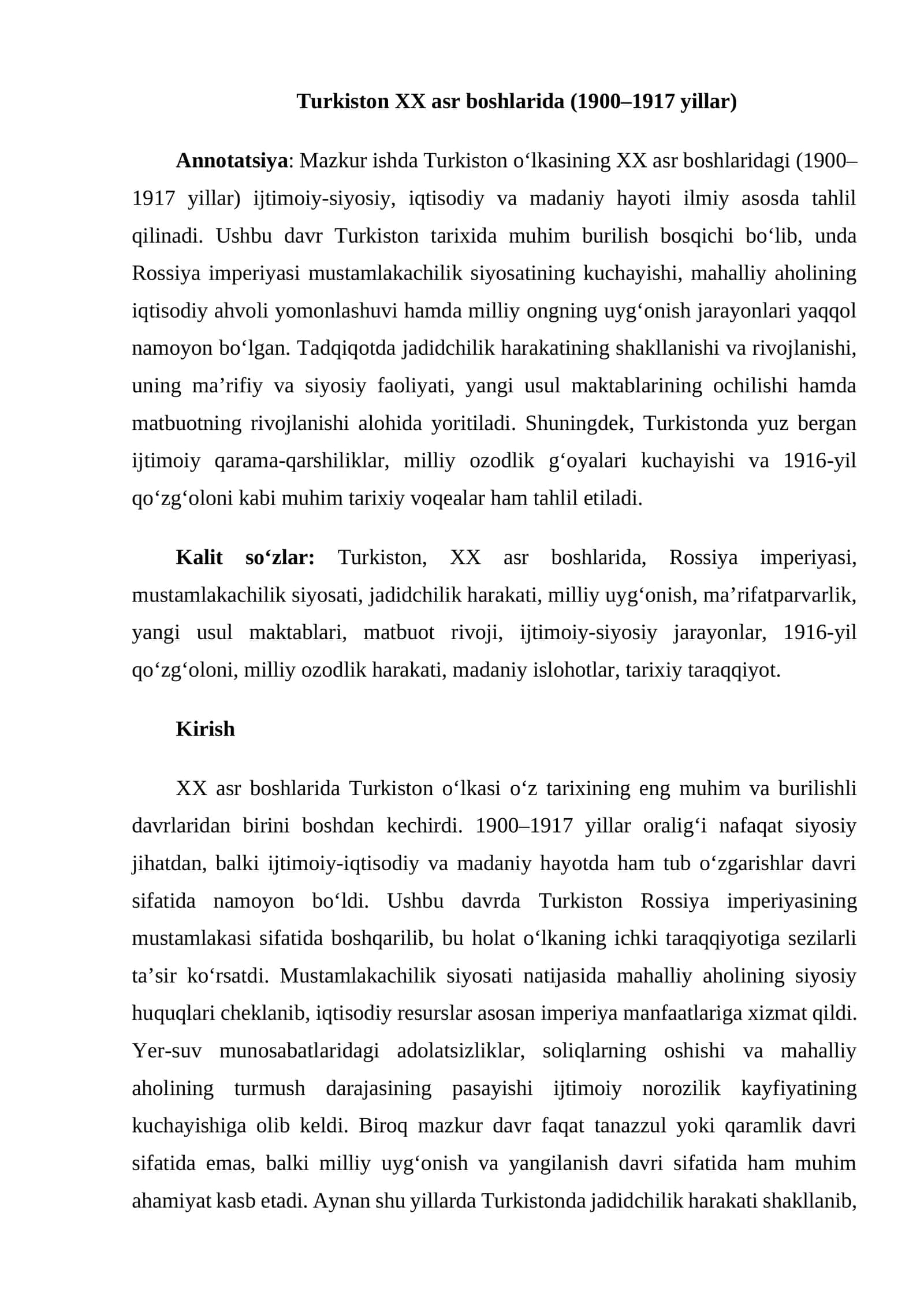 Turkiston XX asr boshlarida (1900–1917 yillar) 1