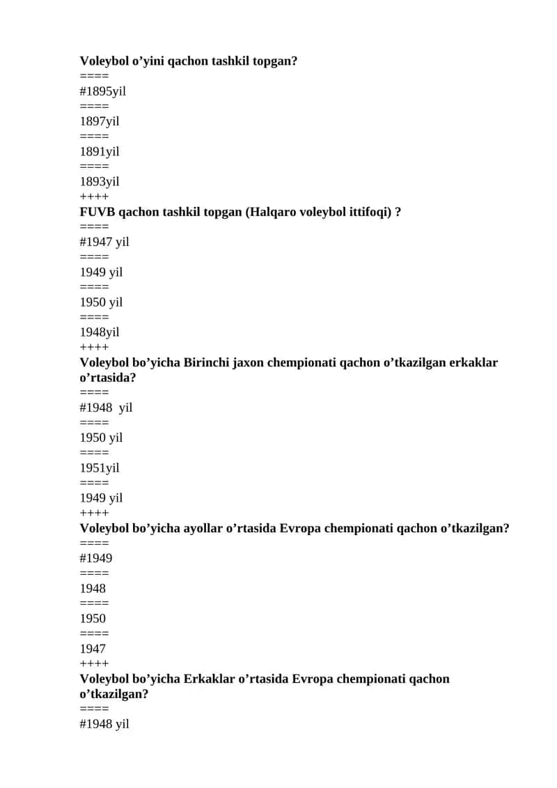 Voleybol bo’yicha qizlarning chempionati qachon o’tkazilgan? 1