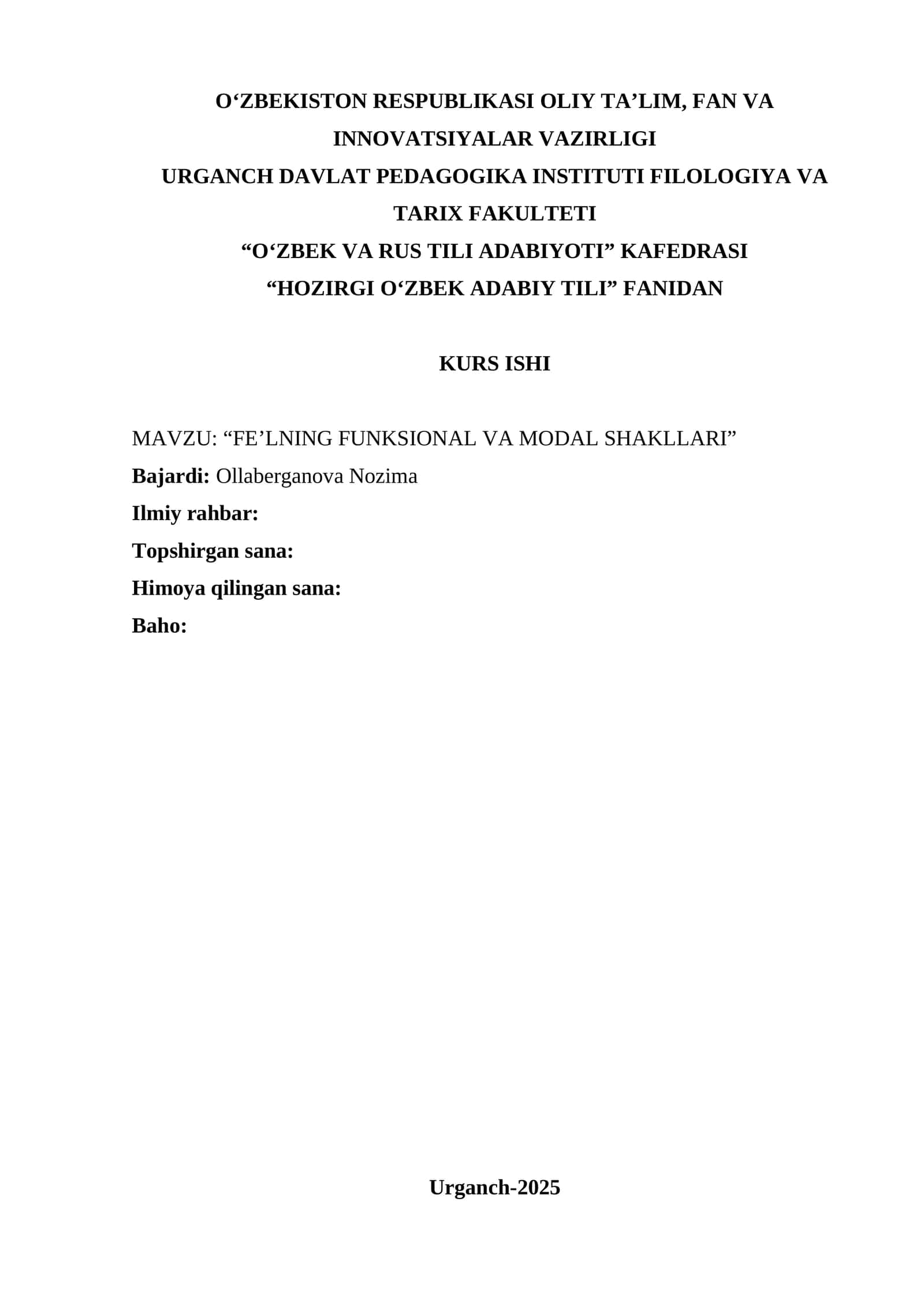 KURS ISHI: “FE’LNING FUNKSIONAL VA MODAL SHAKLLARI” 1