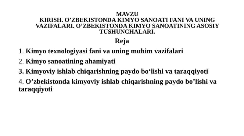 KIRISH. O’ZBEKISTONDA KIMYO SANOATI FANI VA UNING VAZIFALARI. O’ZBEKISTONDA KIMYO SANOATINING ASOSIY TUSHUNCHALARI 1