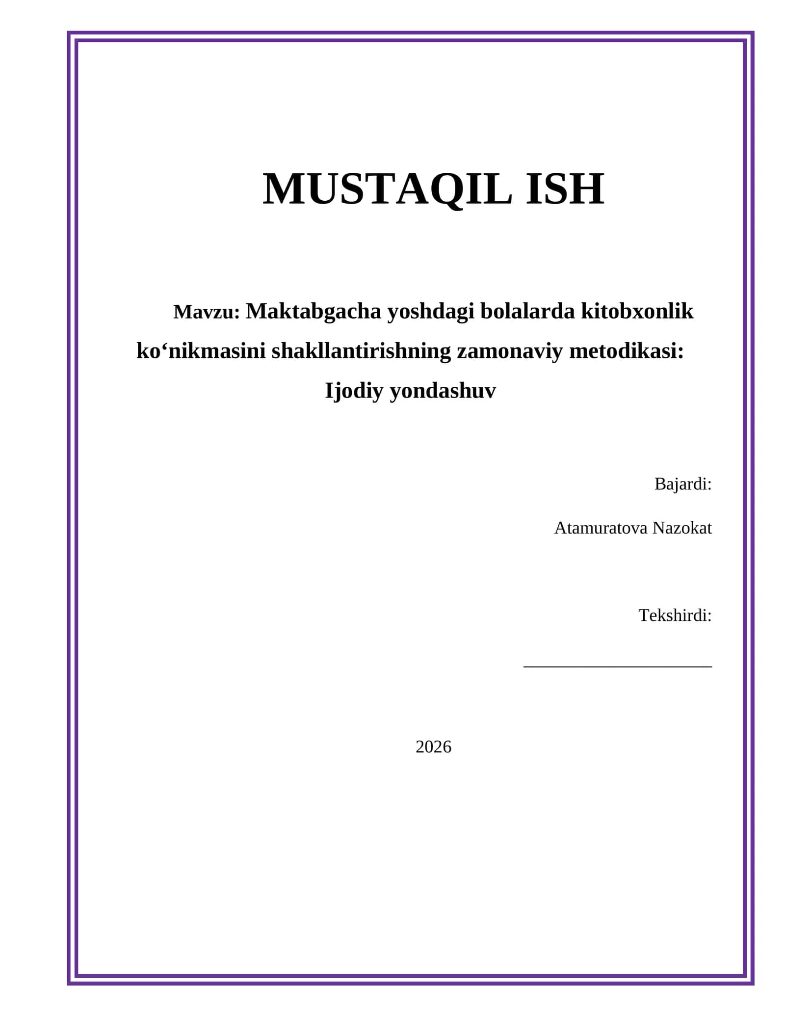 Maktabgacha yoshdagi bolalarda kitobxonlik ko‘nikmasini shakllantirishning zamonaviy metodikasi: Ijodiy yondashuv 1