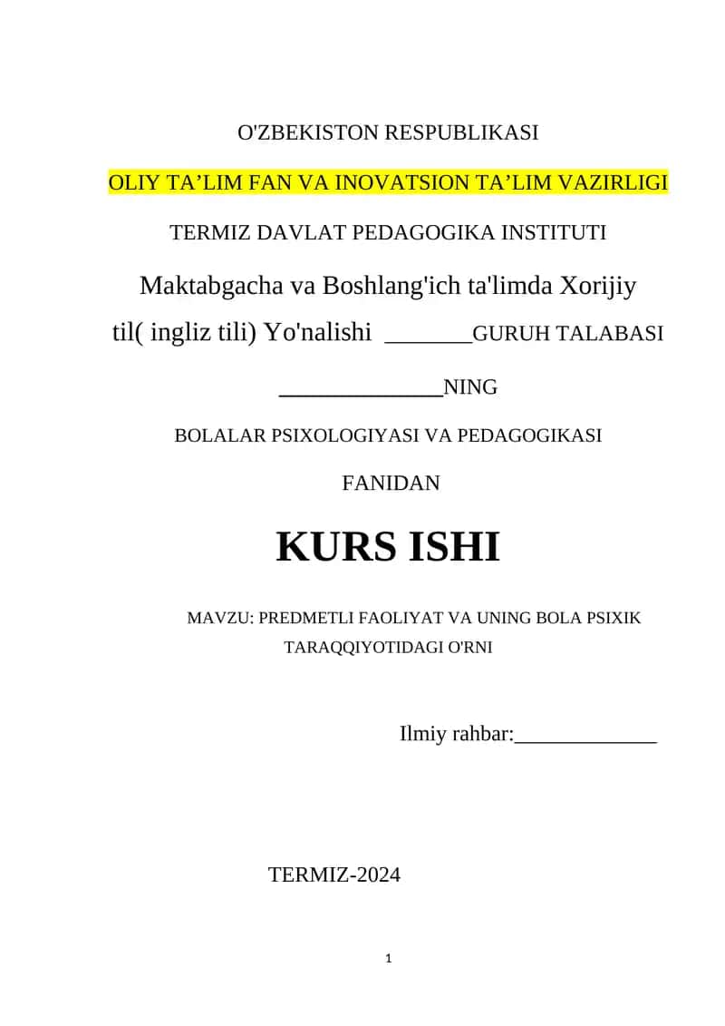 Bolalar Psixologiyasi va Pedagogikasi Fanidan Kurs Ishi 1
