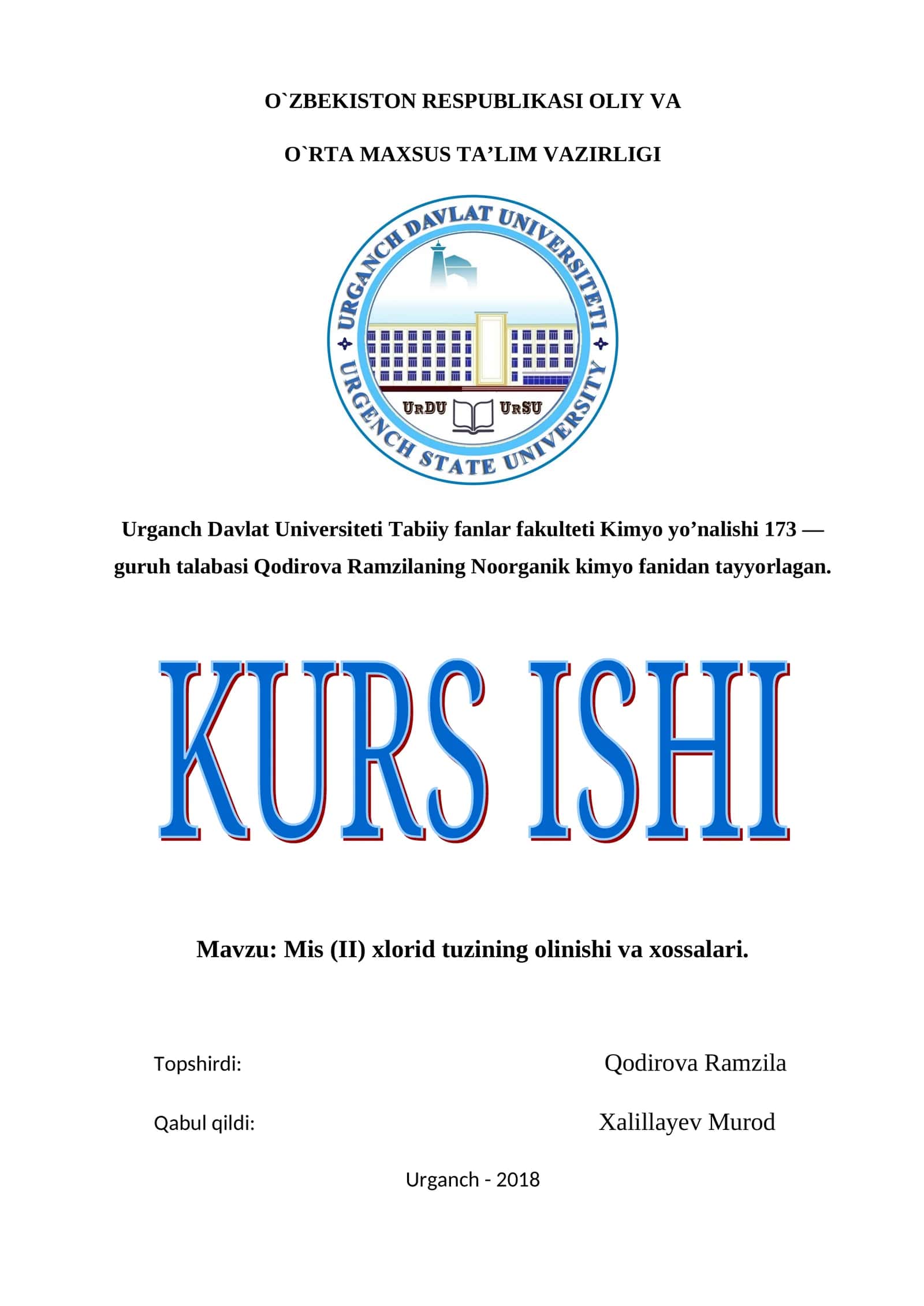 Mis (II) xlorid tuzining olinishi va xossalari 1