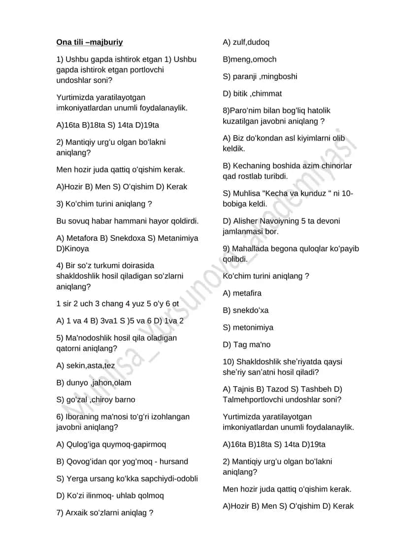 Majburiy ona tili test 1
