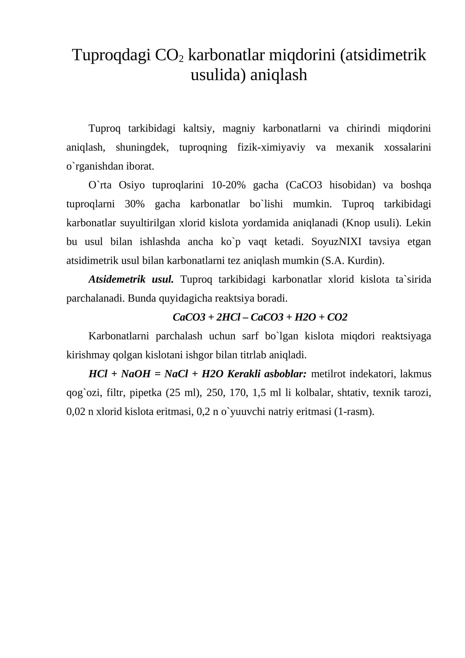 Tuproqdagi CO2 karbonatlar miqdorini (atsidimetrik usulida) aniqlash 1