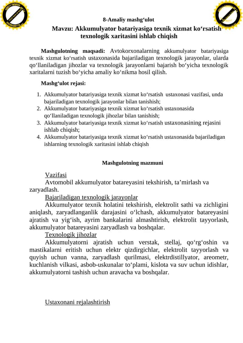 Akkumulyator batariyasiga texnik xizmat kо‘rsatish texnologik xaritasini ishlab chiqish 1
