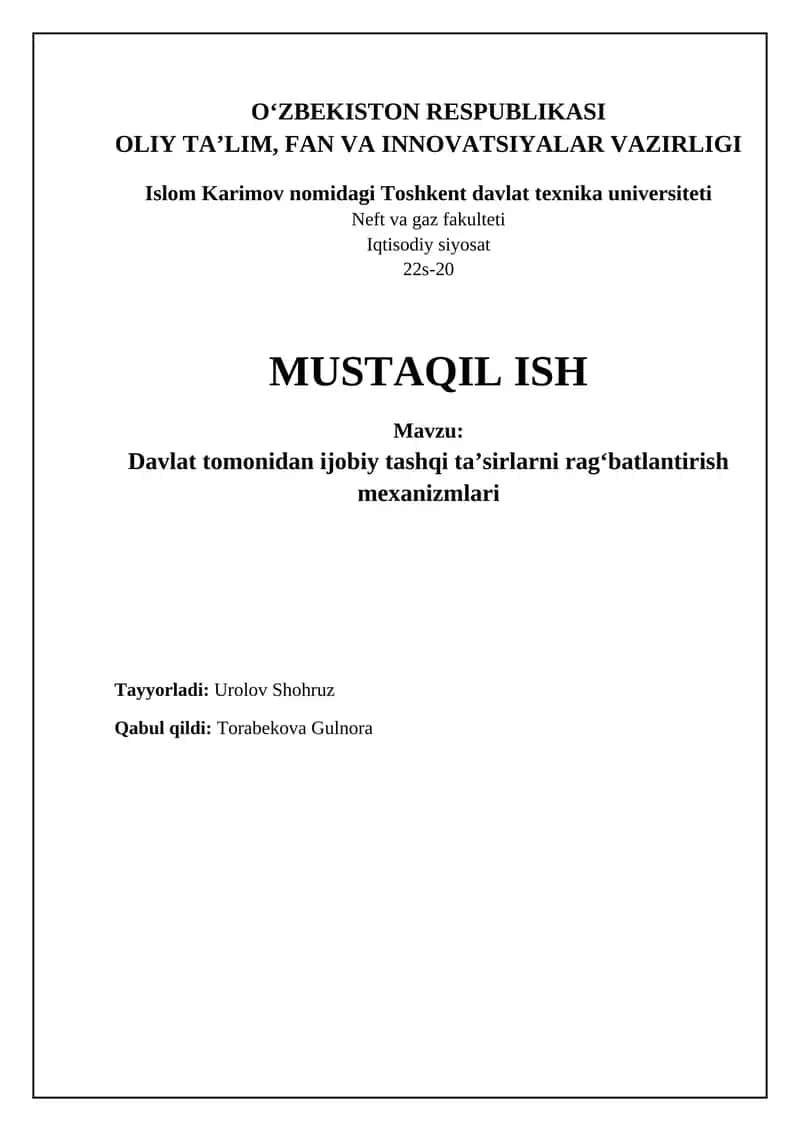 Davlat tomonidan ijobiy tashqi ta’sirlarni rag’batlantirish mexanizmlari 1