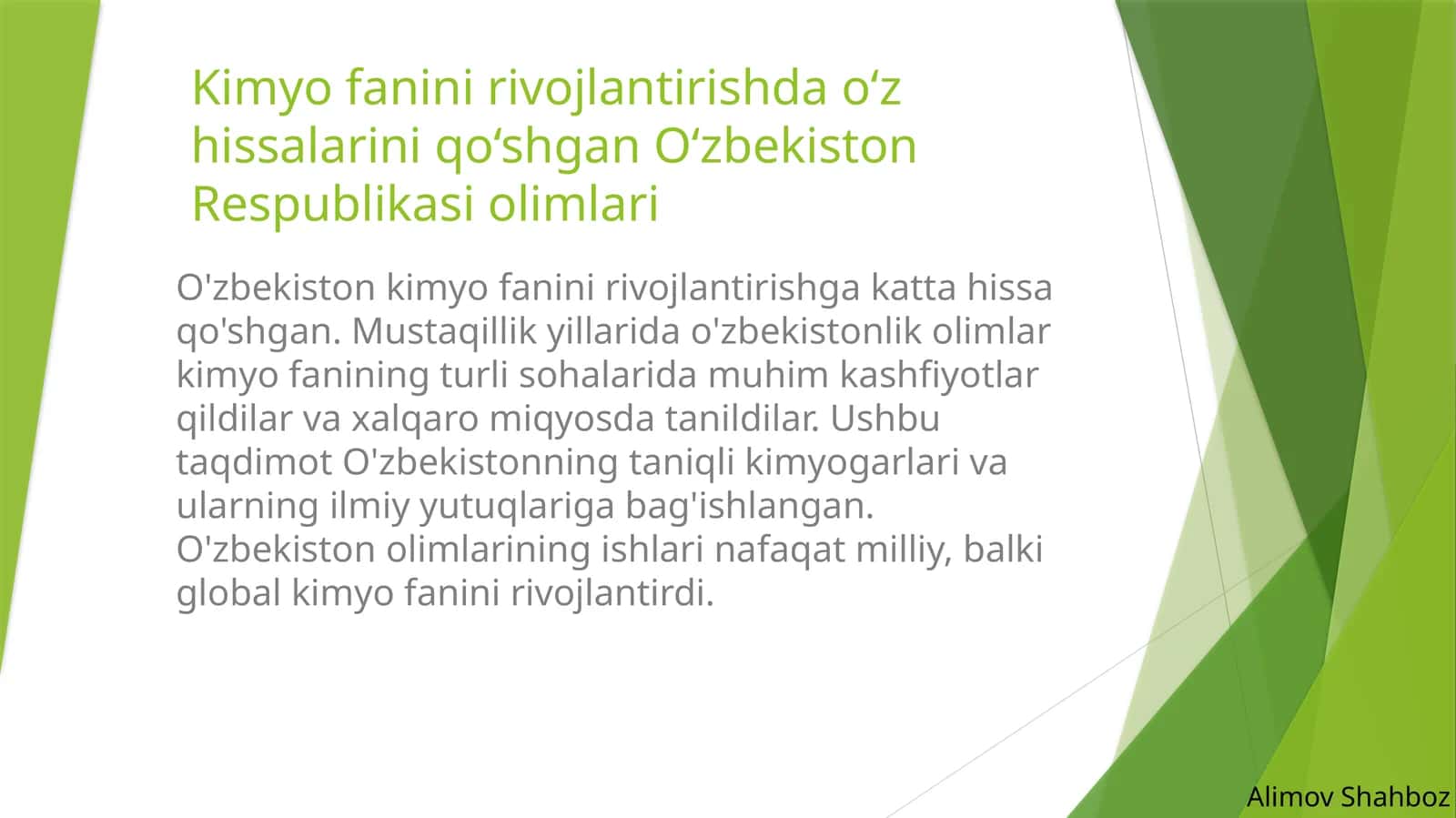 Kimyofanin irivojlantirish daqo‘shishlarini qo‘shgan O‘zbekiston Respublikasi olimlari 1