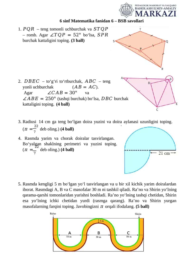 6 sinf Matematika fanidan 6 – BSB savollari 1