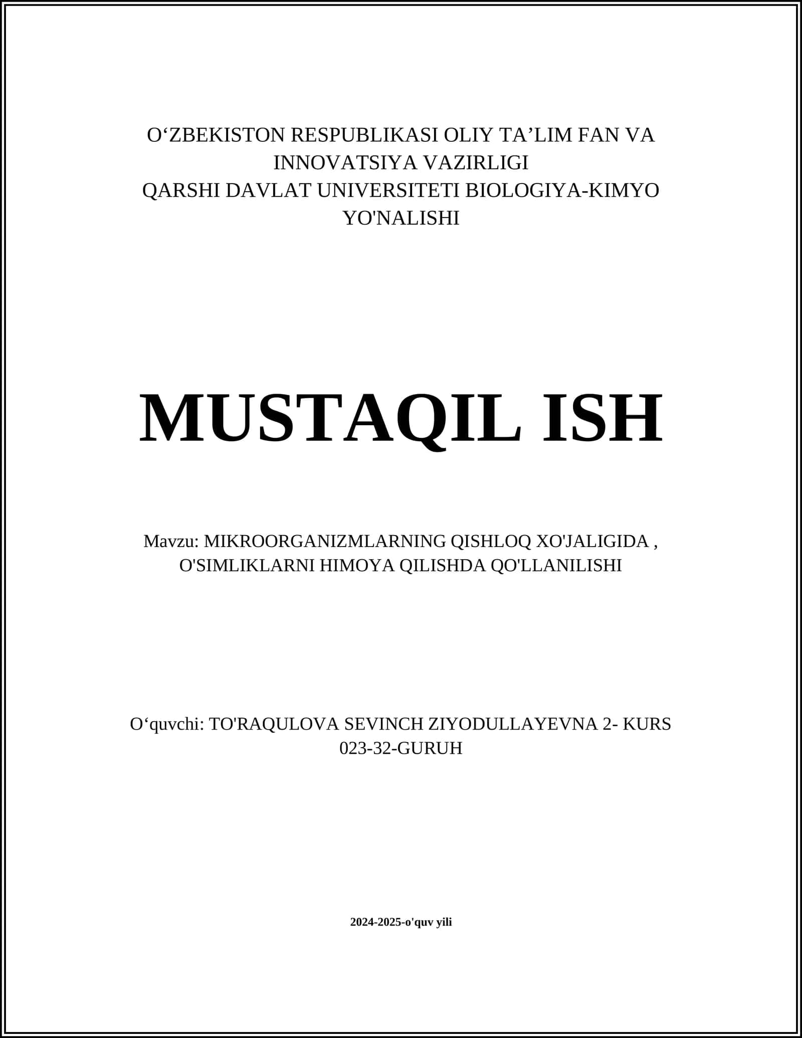 MIKROORGANIZMLARNING QISHLOQ XO'JALIGIDA, O'SIMLIKLARNI HIMOYA QILISHDA QO'LLANILISHI 1