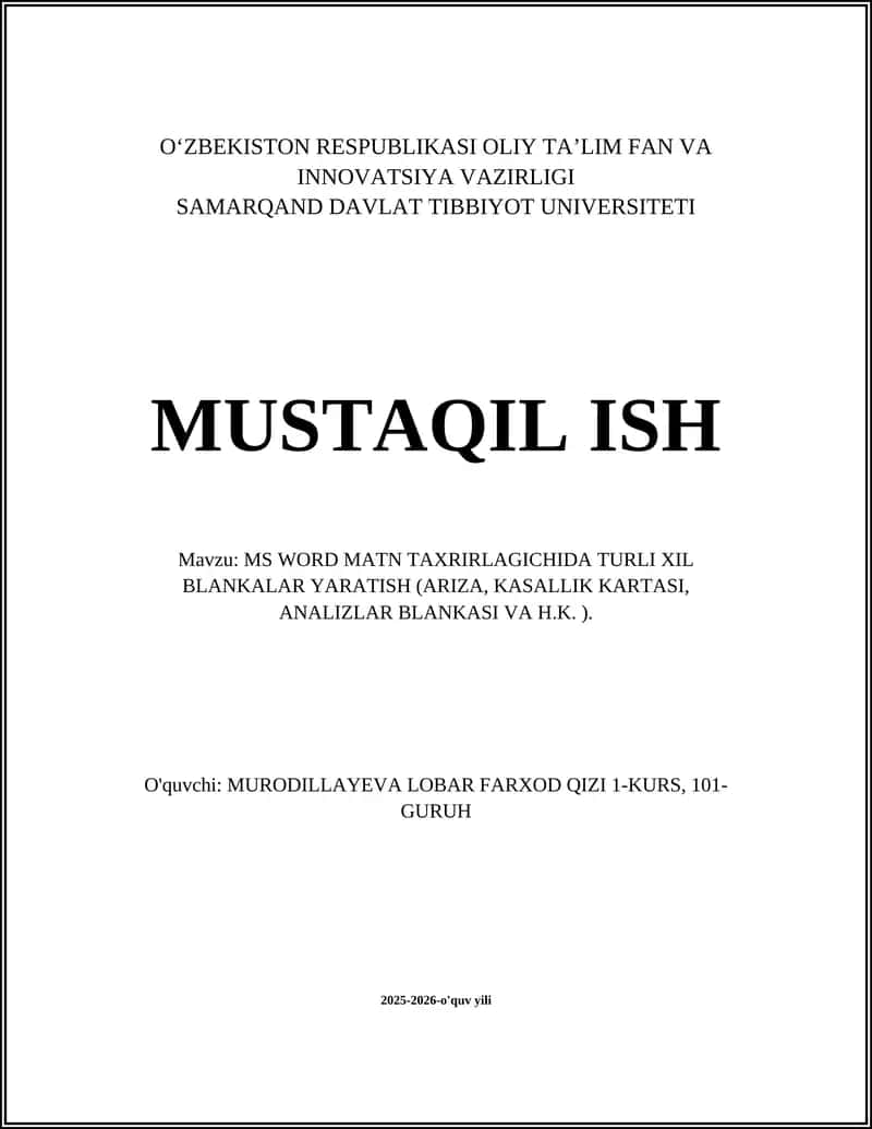 MS WORD MATN TAXRIRLAGICHIDA TURLI XIL BLANKALAR YARATISH 1