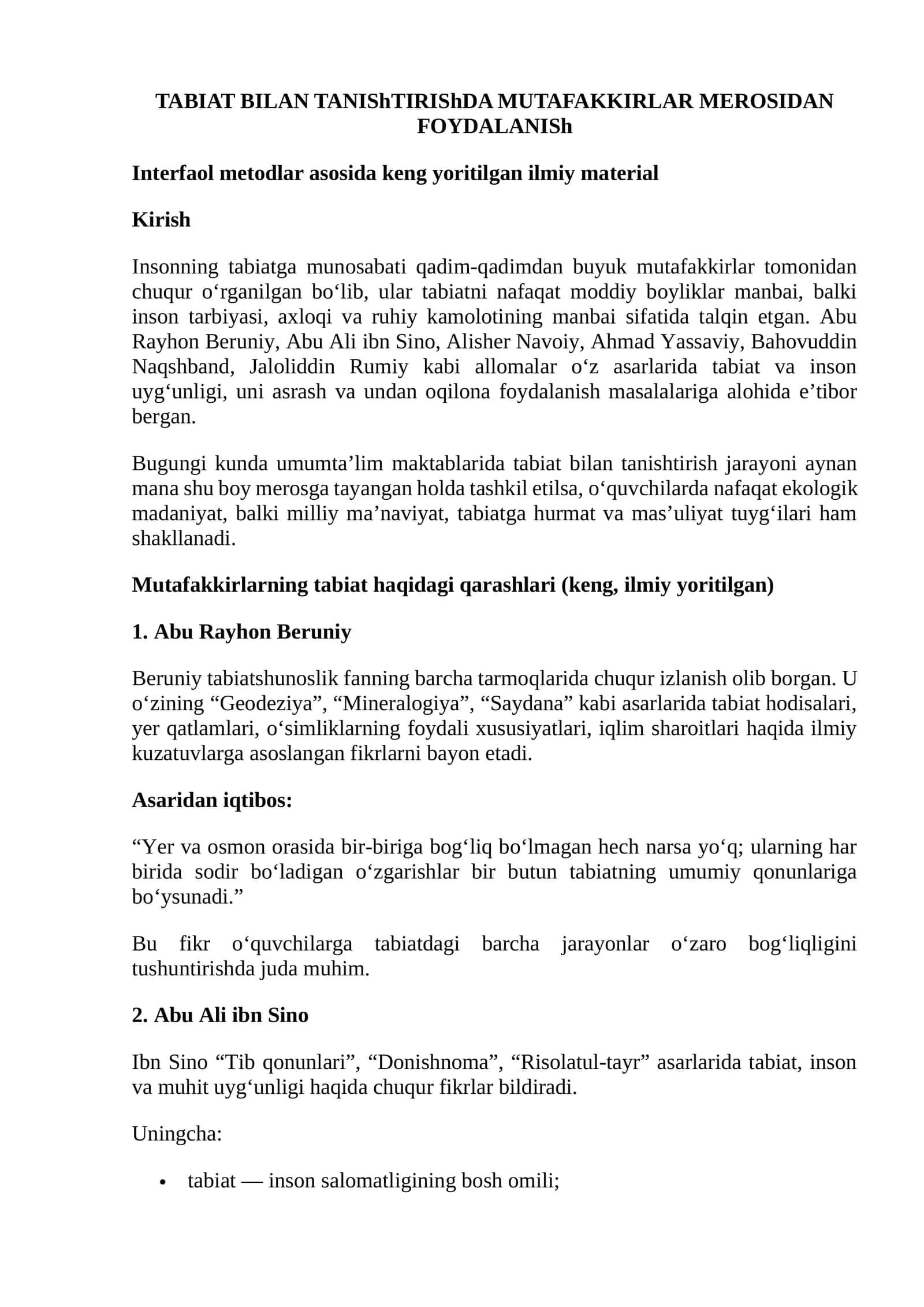 TABIAT BILAN TANIShTIRIShDA MUTAFAKKIRLAR MEROSIDAN FOYDALANISh 1