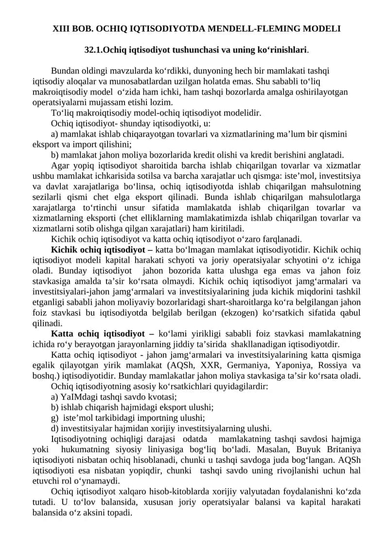 OCHIQ IQTISODIYOTDA MENDELL-FLEMING MODELI 1