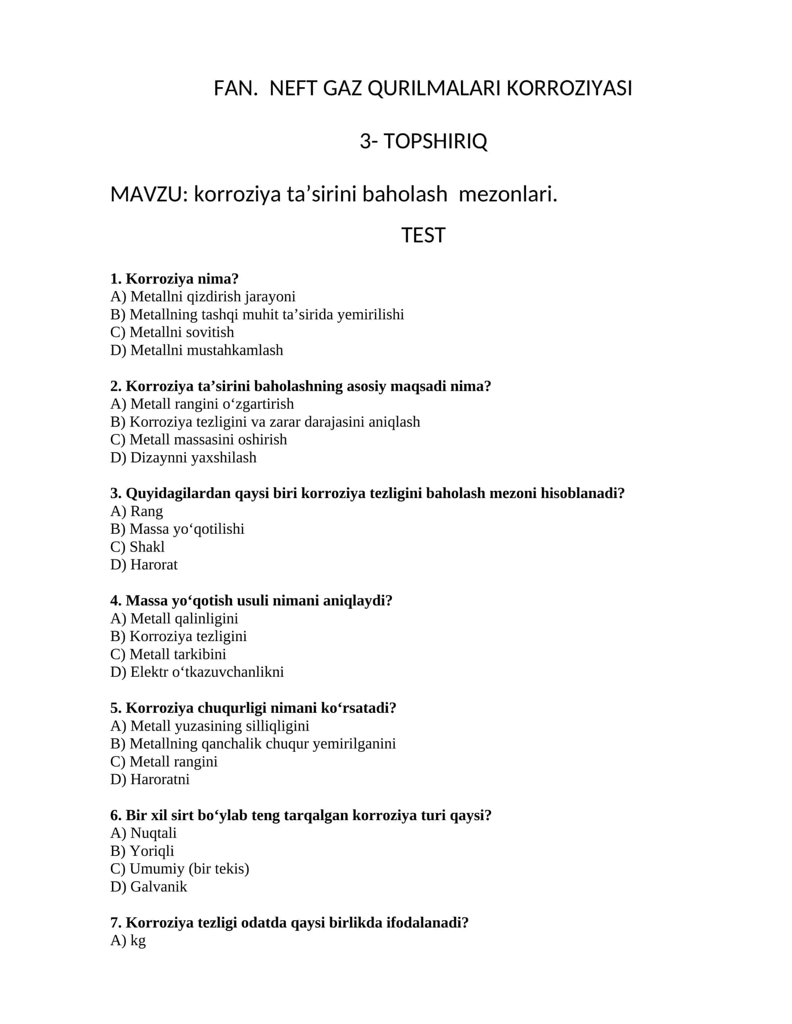 FAN. NEFT GAZ QURILMALARI KORROZIYASI 3- TOPSHIRIQ 1