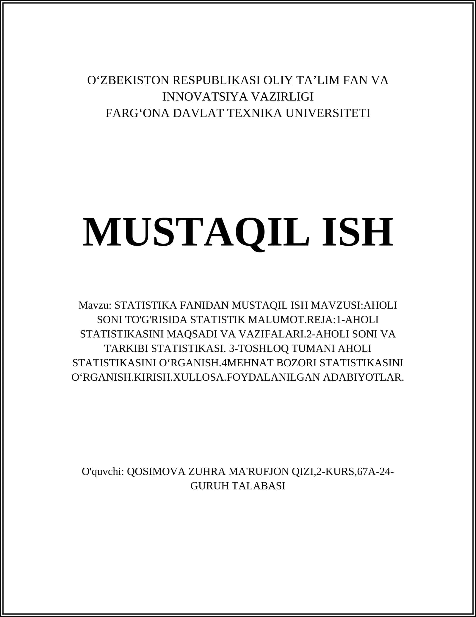 STATISTIKA FANIDAN MUSTAQIL ISH MAVZUSI:AHOLI SONI TO'G'RISIDA STATISTIK MALUMOT 1