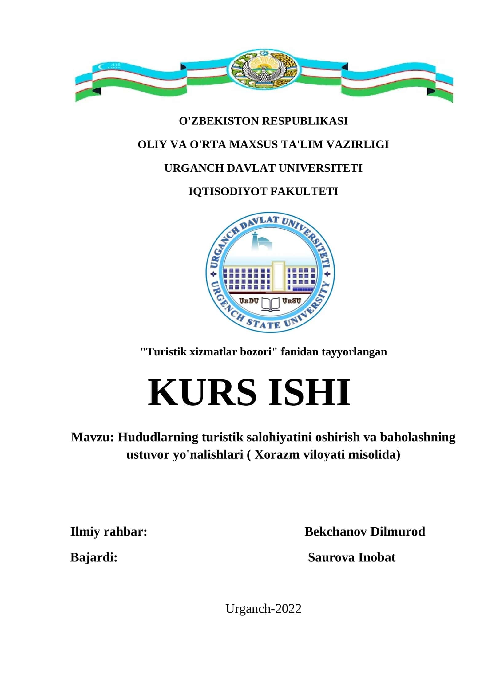 Turistik xizmatlar bozori fanidan tayyorlangan Kurs ishi 1