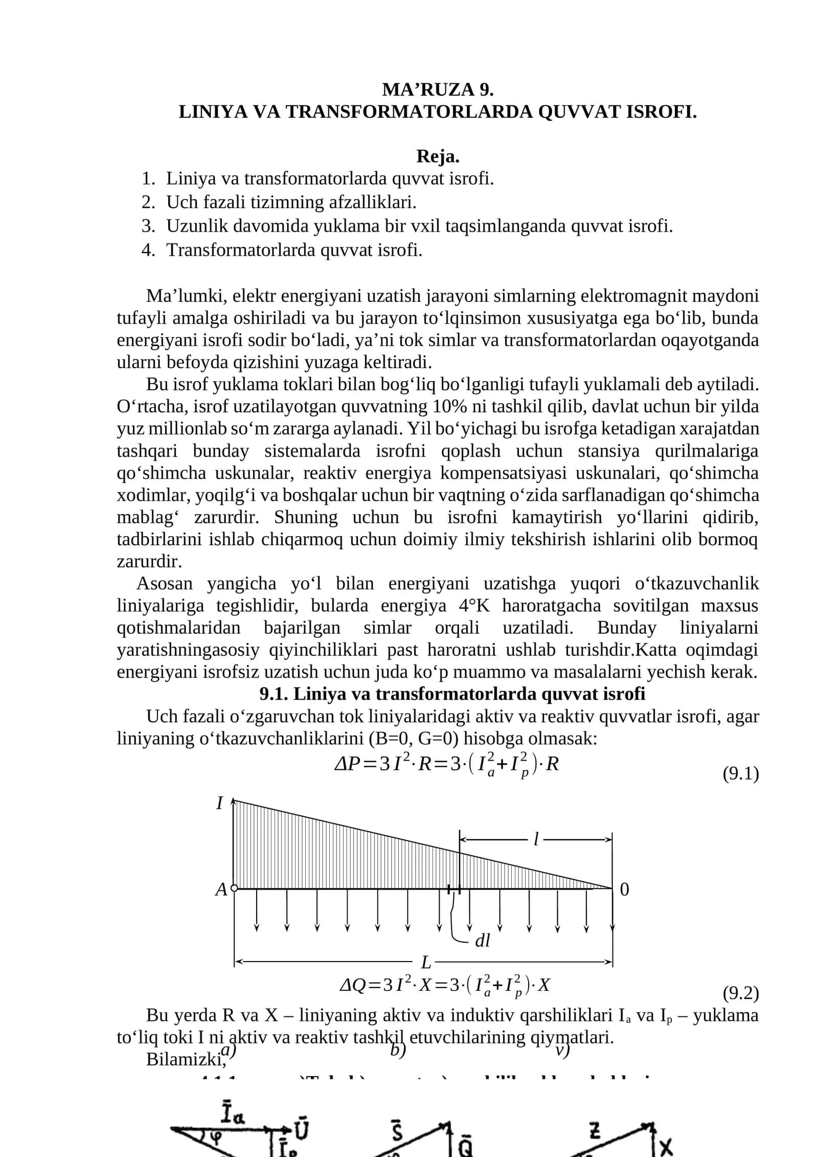 MA’RUZA 9. LINIYA VA TRANSFORMATORLARDA QUVVAT ISROFI 1