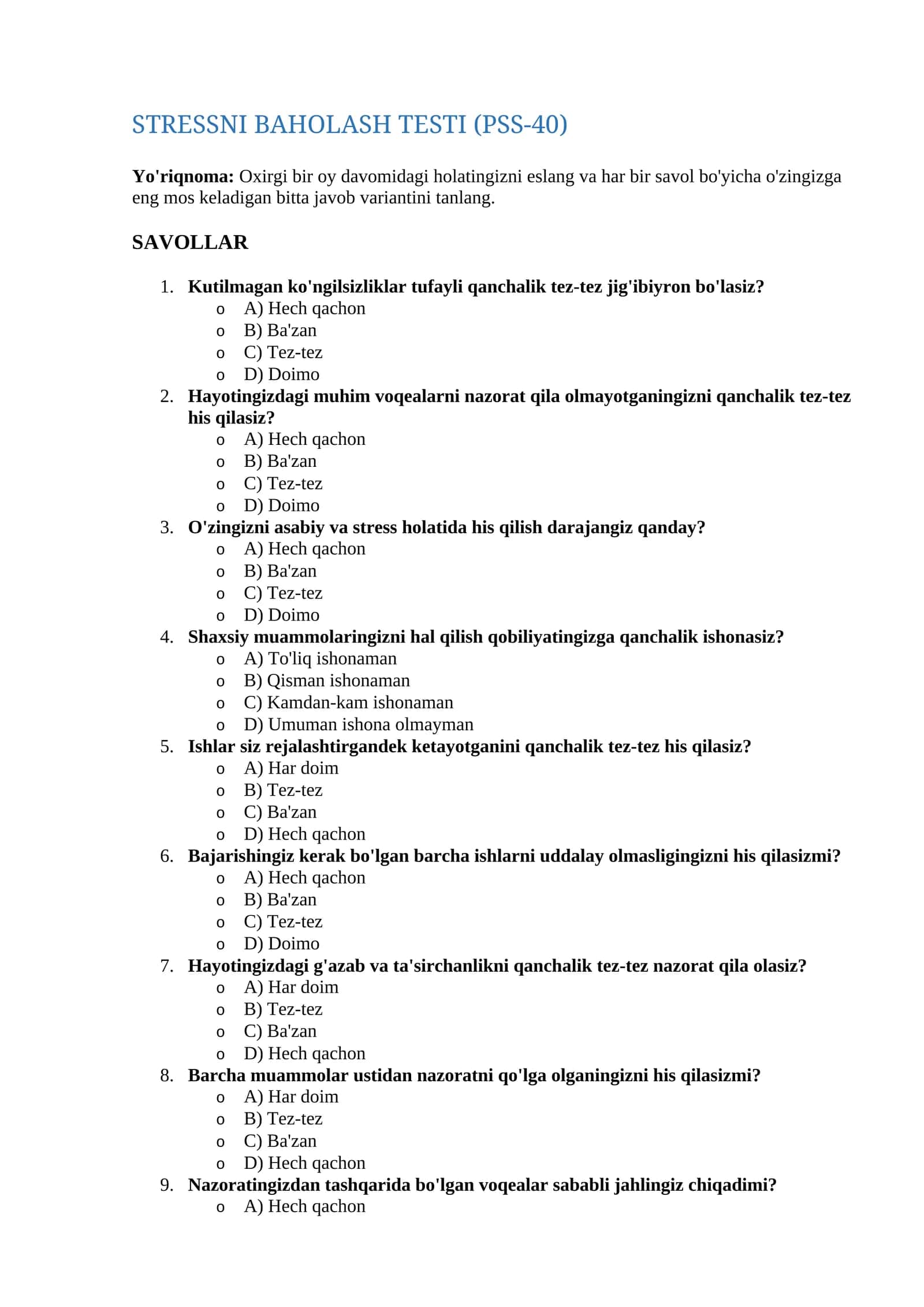 Stressni baholash testi 40 ta savol oxirida kaliti bilan 1