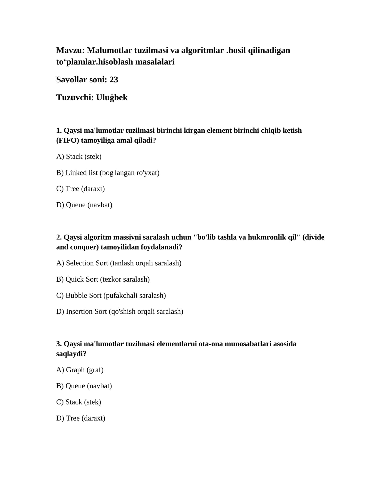 Malumotlar tuzilmasi va algoritmlar 1