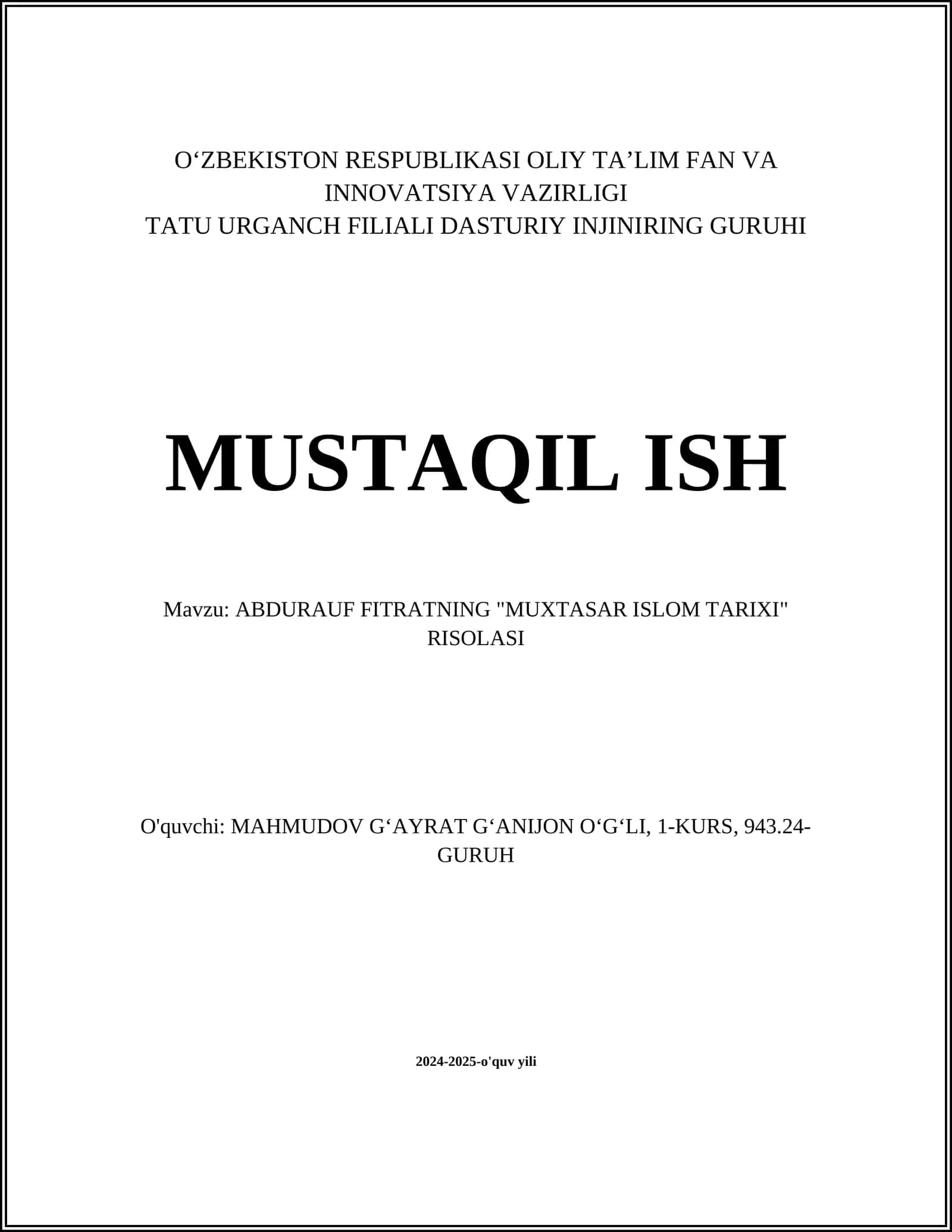 Abdurauf Fitratning "Muxtasar Islom Tarixi" Risolasi 1