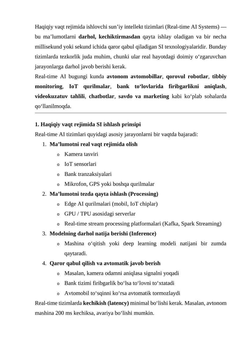 Haqiqiy vaqt rejimida ishlovchi sun’iy intellekt tizimlari (Real-time AI Systems) 1