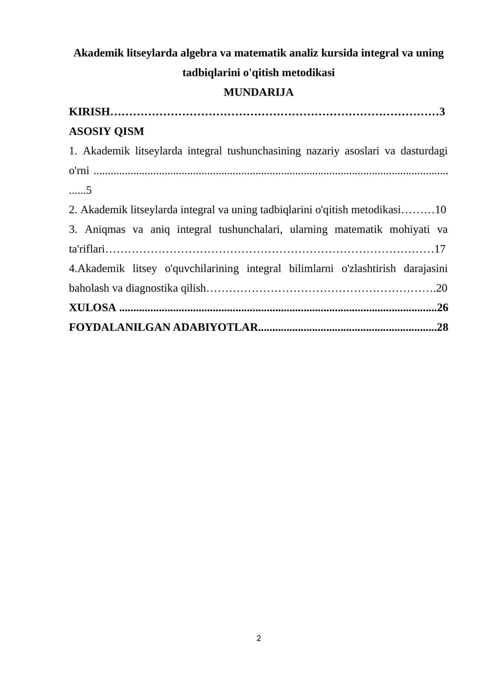 Akademik litseylarda algebra va matematik analiz kursida integral va uning tadbiqlarini o'qitish metodikasi 1
