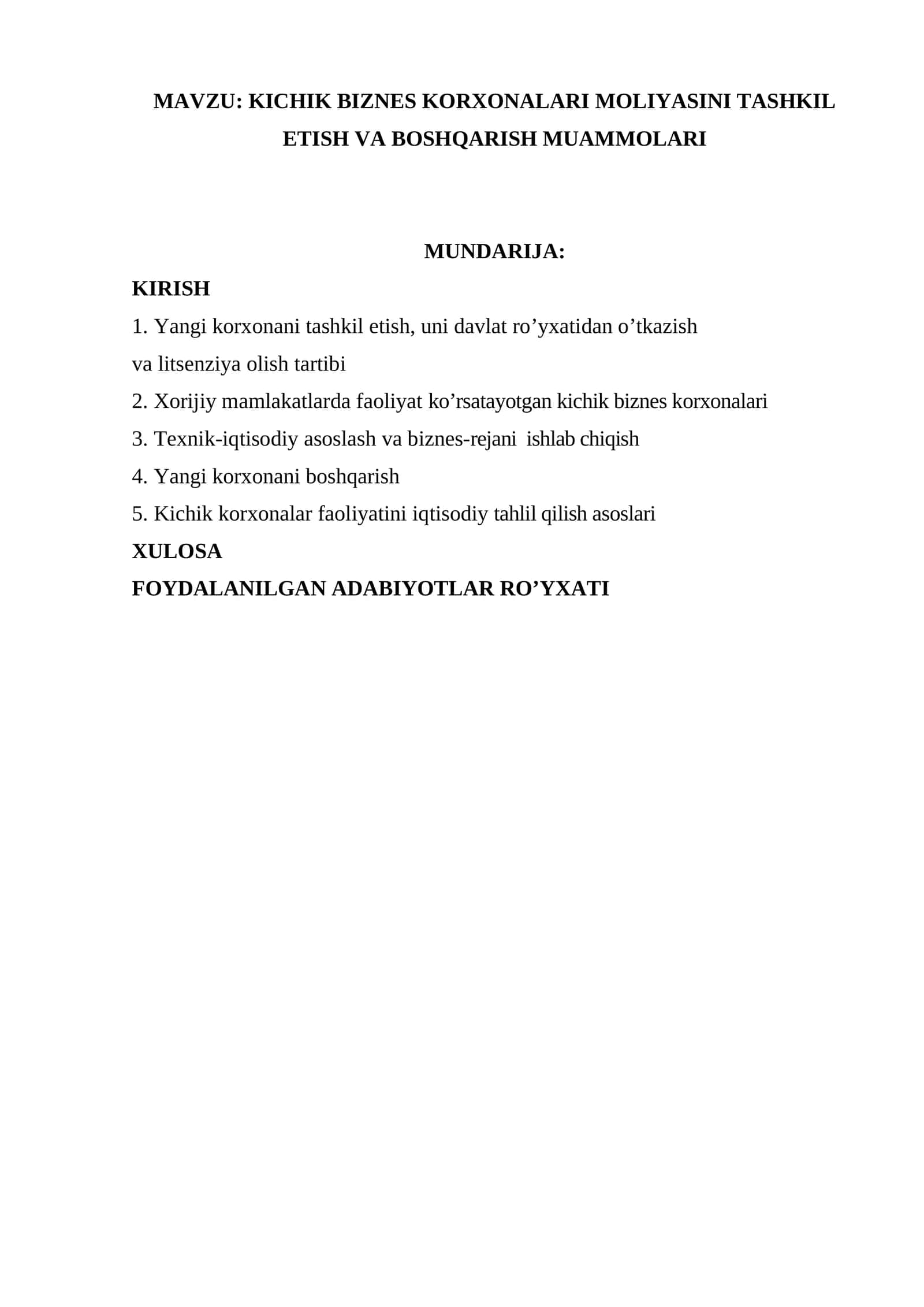 Kichik biznes korxonalari moliyasini tashkil etish va boshqarish muammolari 1
