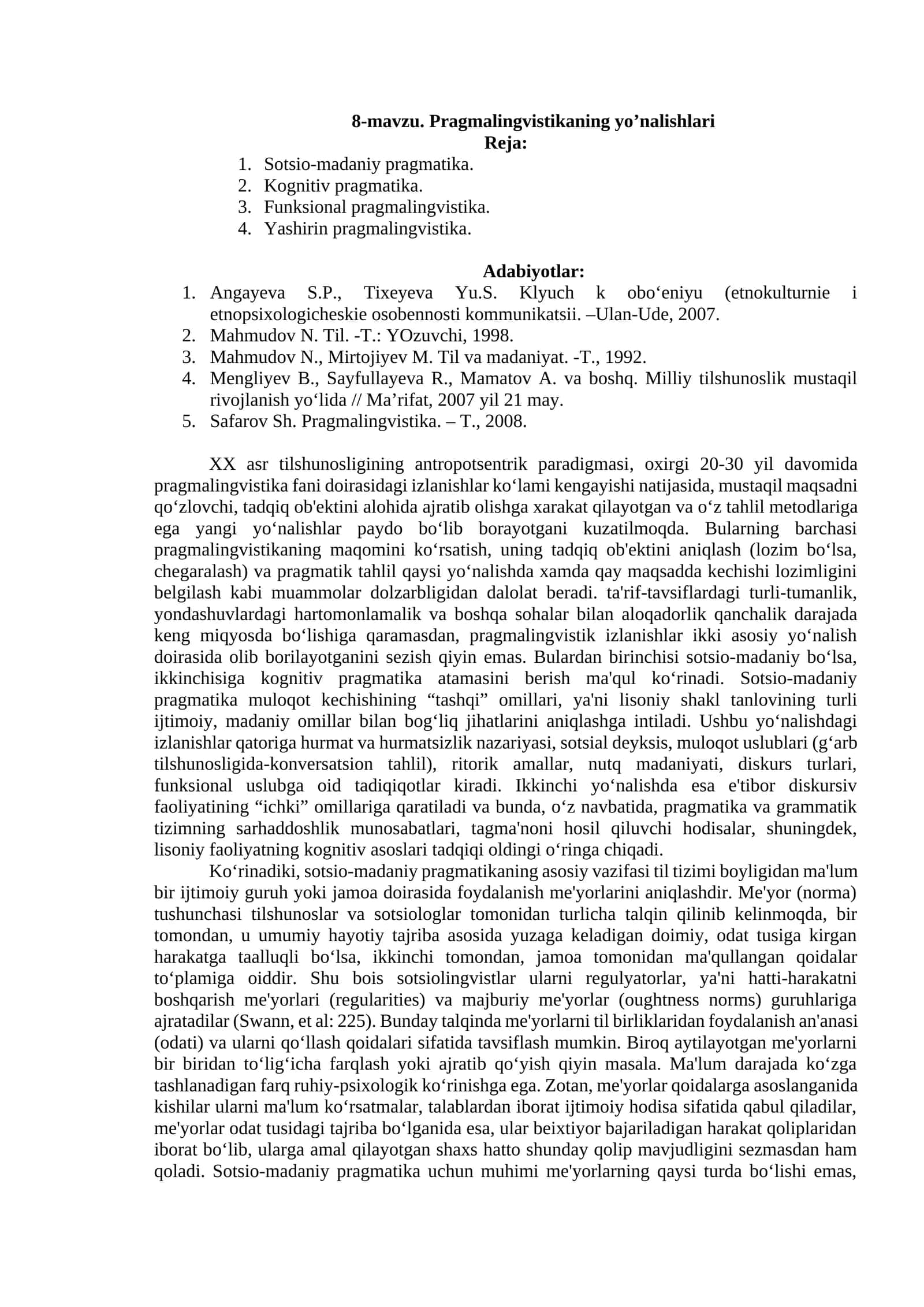 Pragmalingvistikaning yo’nalishlari 1