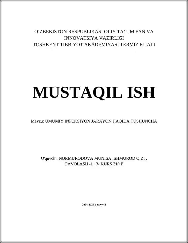 UMUMIY INFEKSIYON JARAYON HAQIDA TUSHUNCHA