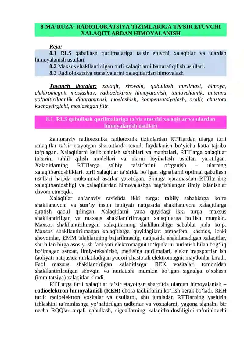 8-MA’RUZA: RADIOLOKATSIYA TIZIMLARIGA TA’SIR ETUVCHI XALAQITLARDAN HIMOYALANISH
