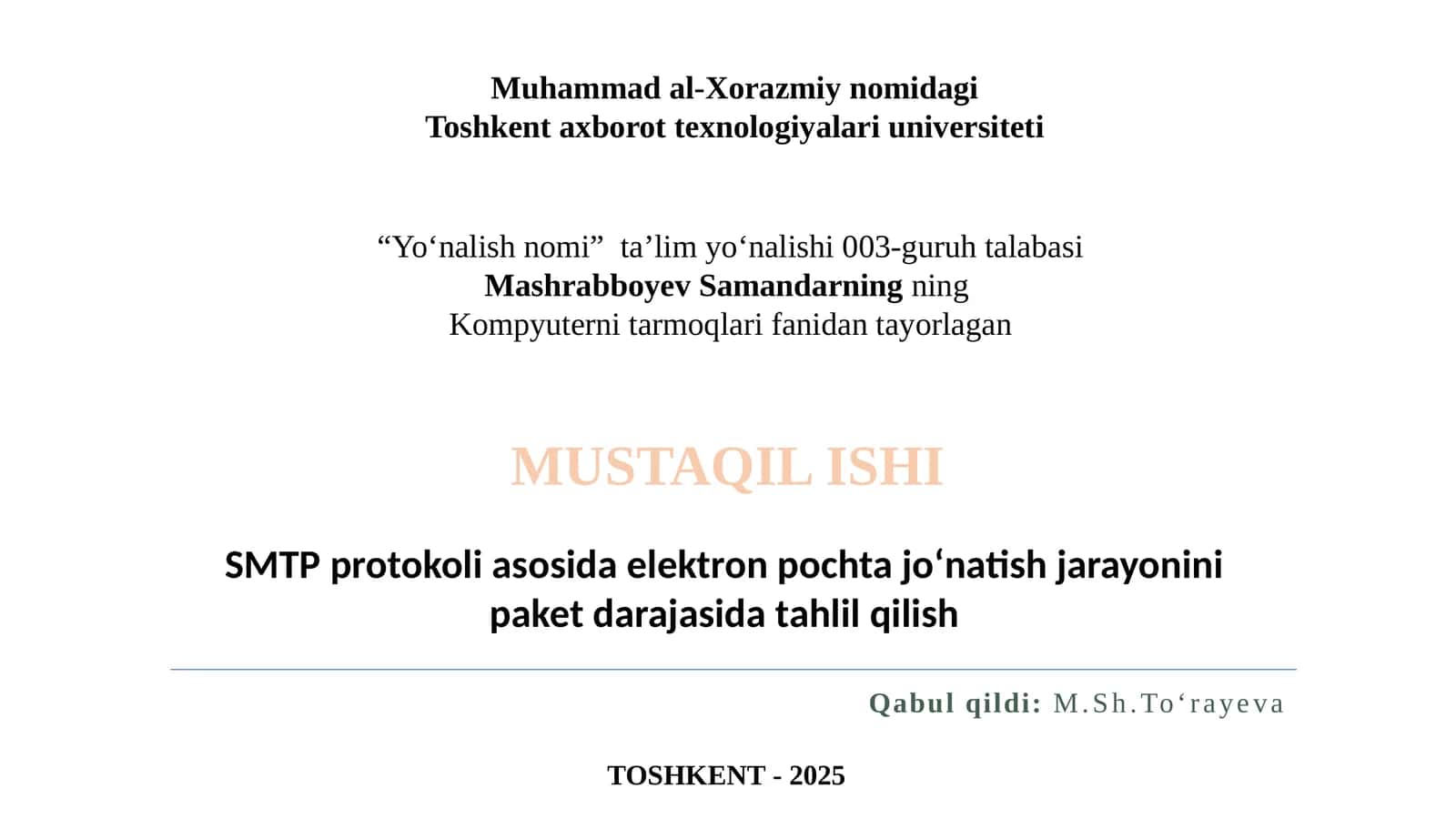 SMTP protokoli asosida elektron pochta jo‘natish jarayonini paket darajasida tahlil qilish 1