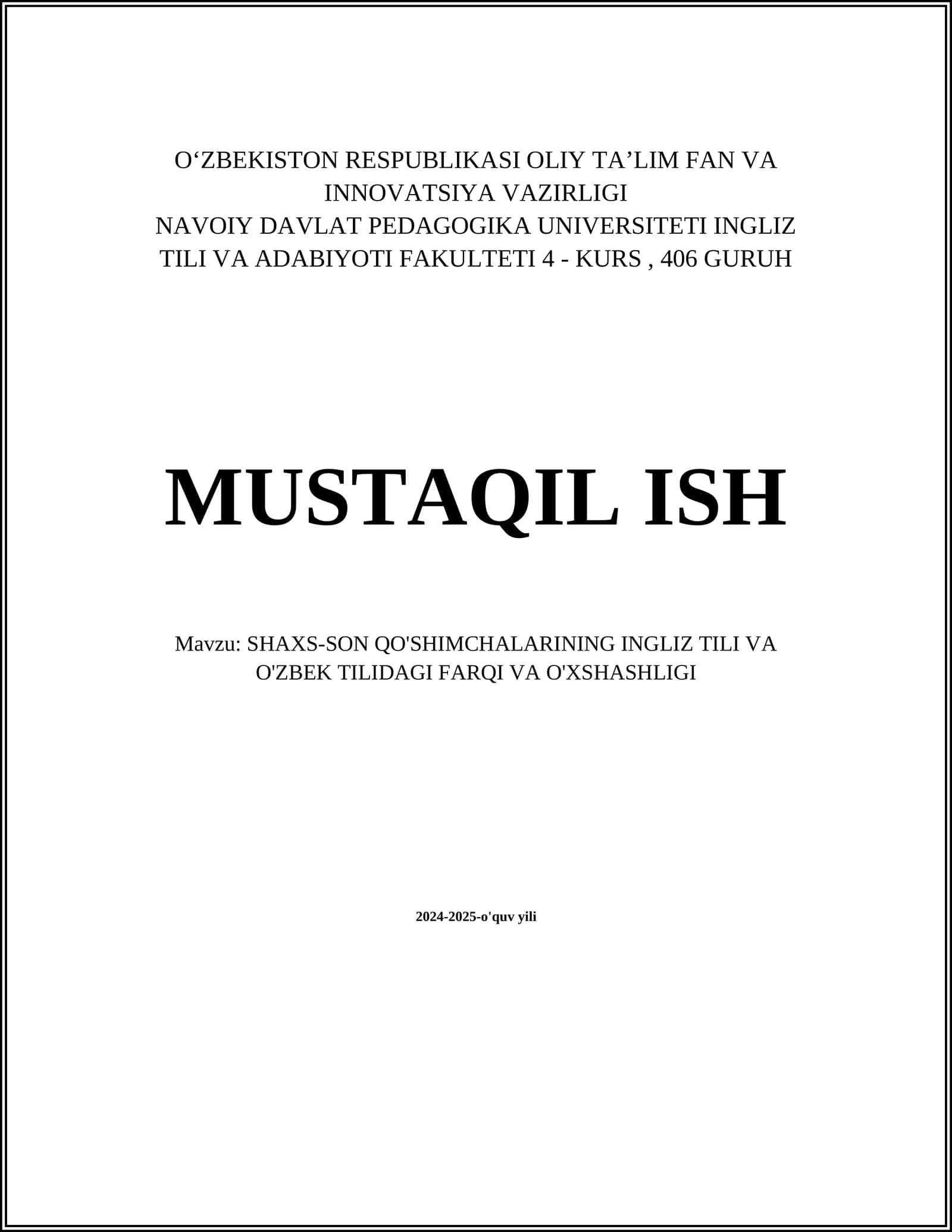 SHAXS-SON QO'SHIMCHALARINING INGLIZ TILI VA O'ZBEK TILIDAGI FARQI VA O'XSHASHLIGI 1
