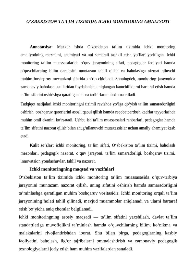 OʻZBEKISTON TAʼLIM TIZIMIDA ICHKI MONITORING AMALIYOTI 1